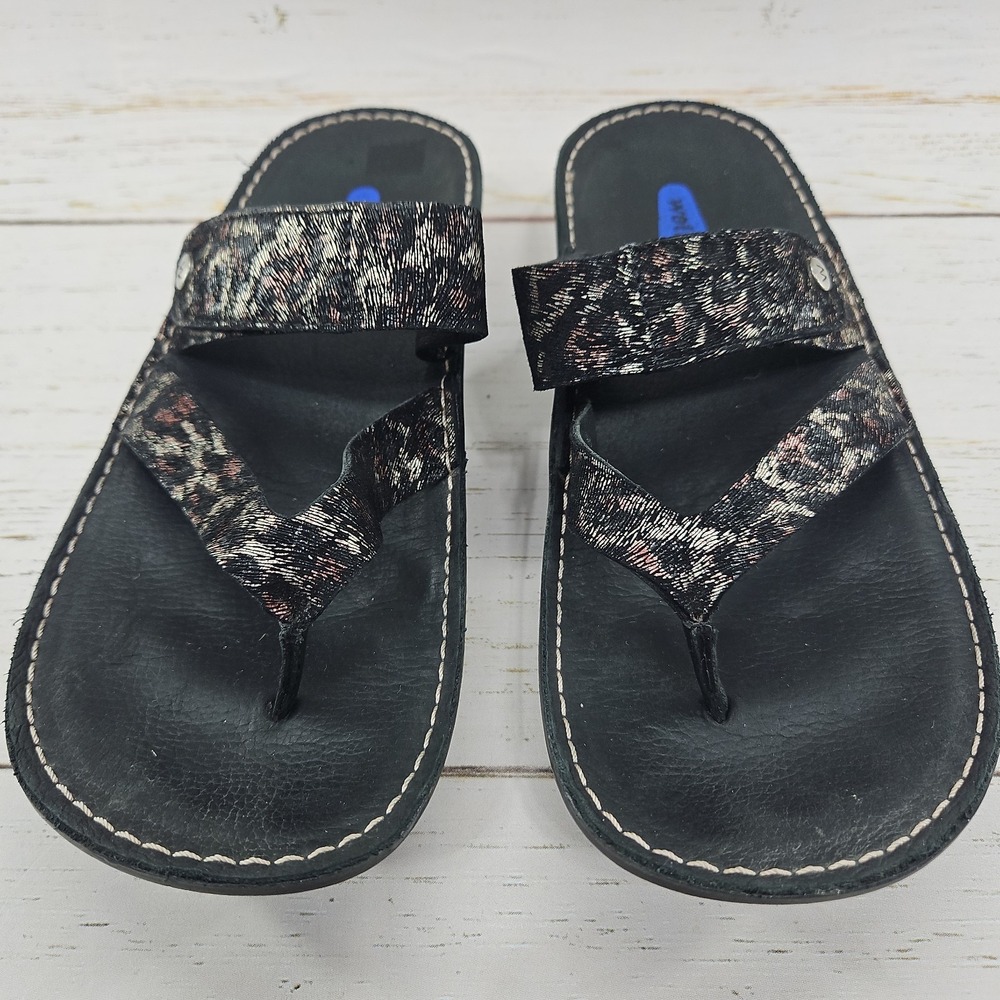 Wolky Tahiti Womens 6 EU 37 Black Leopard Leather Toe Post Sandals Adjustable - Picture 3 of 10